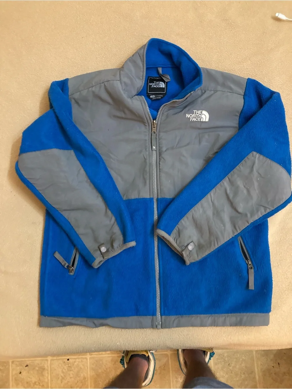 Large Boys North face Denali Blue And Grey Jacket Tiny Tear As Seen In Picture